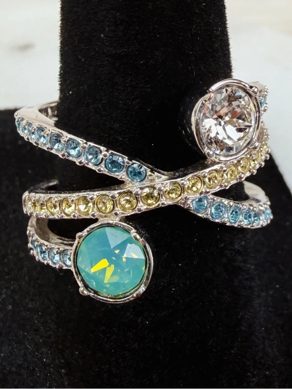 Elegant Silvertone Ring with Blue and Green Accents sz 8